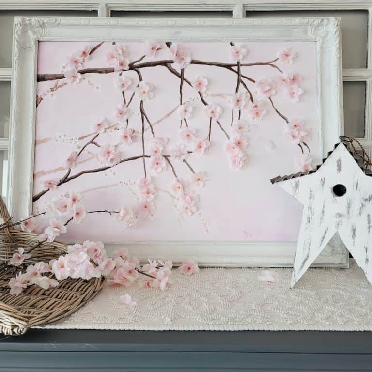 Cherry blossom painting with faux cherry blossoms glued on